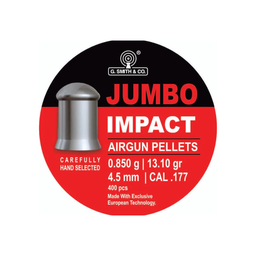 G Smith & Co Jumbo Impact 0.177(4.5mm) 400/Tin,0.85g/13.10gr Airgun Pellets