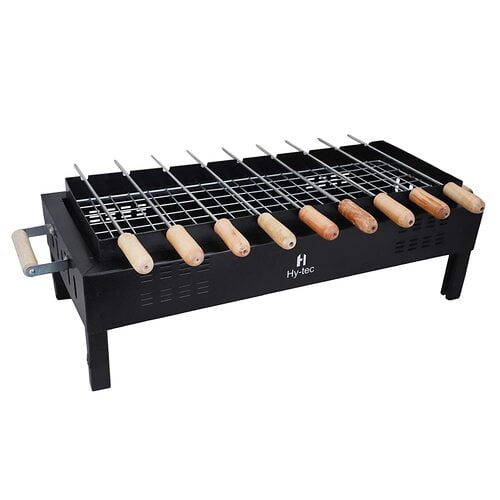 Iron Grill Portable Barbeque With 9 Skewers And Wooden Handle Briquette Oven Toaster (Black) | KoviBazaar.